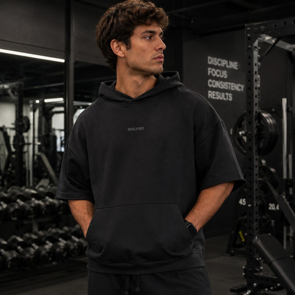 Sculpted Mens Megalo Hoodie Size M Black 3/5 Sleeve Oversized Gym Streetwear